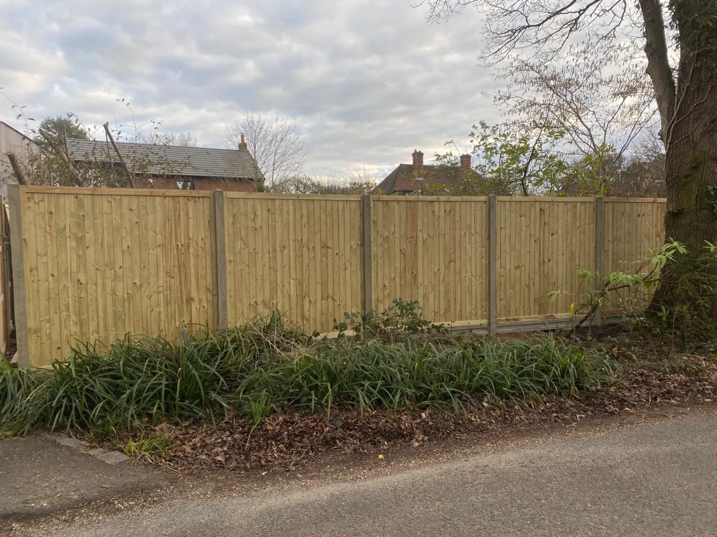 Feather edge garden fence panels facing a quiet lane